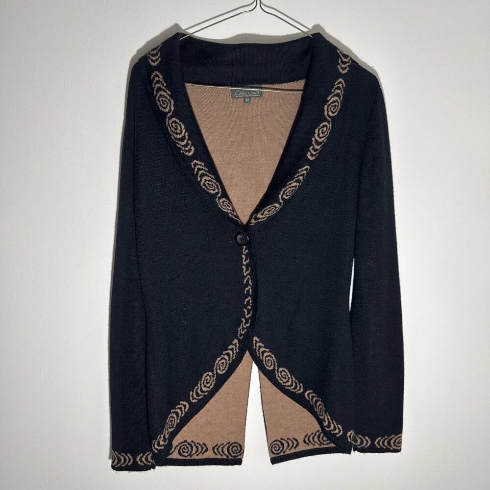 Classic Alpaca Womens M 100% Baby Alpaca Black & Tan Cardigan Sweater Jacket